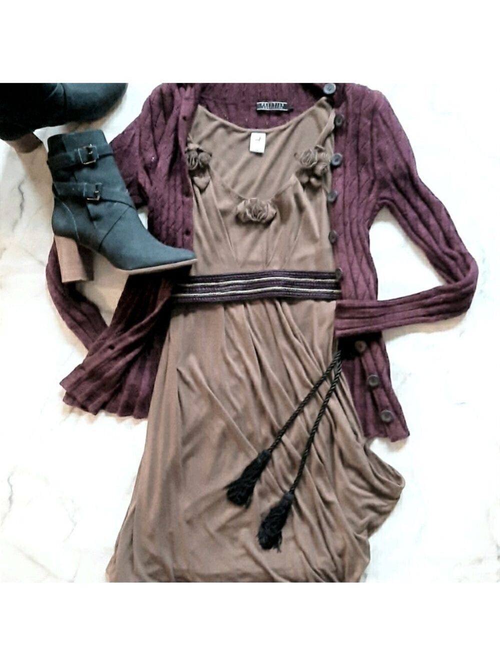 Peruvian Connection Draped Roll Hem Rosette Midi Sleeveless Dress